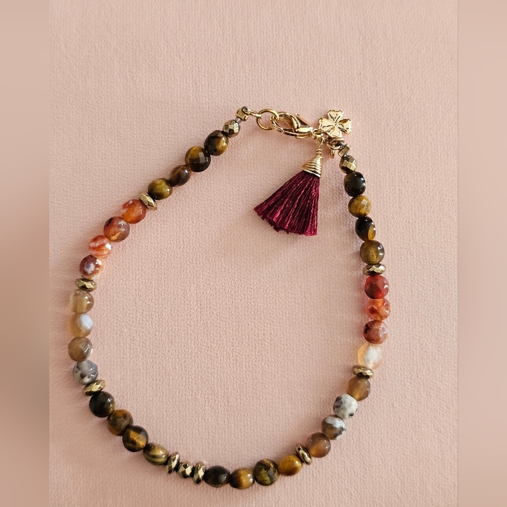 Elegant Handmade Natural Stones  Bracelet with Gold and Burgundy Tassel